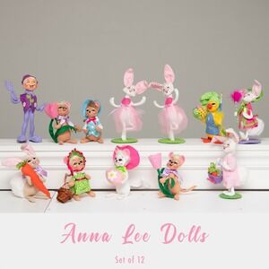 Anna Lee Dolls Set of 12 Vintage Felt Collector Figurines Mice Bunnies Duck Elf